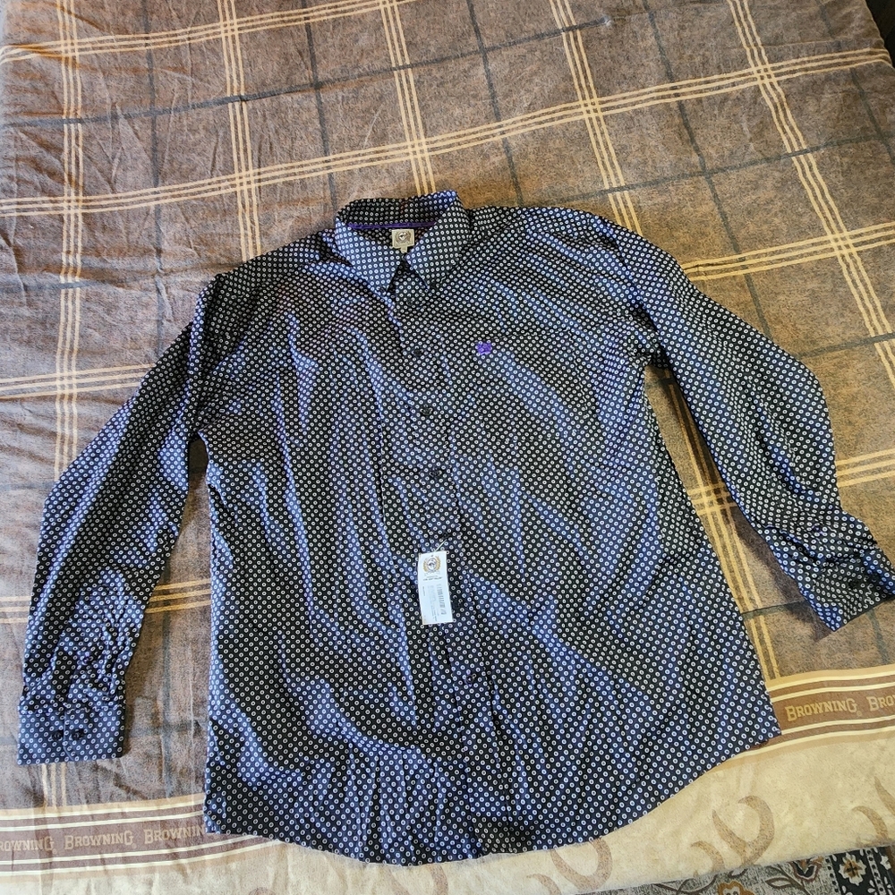 Cinch Mens Classic Fit Long Sleeve Button Down Open Pocket Shirt Sz XL Polka Dot